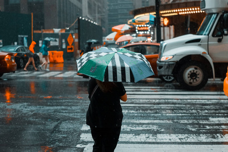 一个女人在纽约一个雨天撑伞,等等照片
