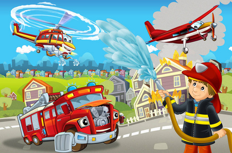 消防用不同机器的卡通舞台，有消防队员的多彩和欢快的场景儿童插图