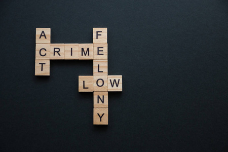 与犯罪有关的单词，与犯罪有关的单词，收集在一个黑色背景的木制方块的纵横字谜中