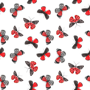 美丽的水彩红蝴蝶无缝图案。五颜六色的昆虫。手绘艺术品。现成的墙纸或印刷品。白色背景。自然之美。
