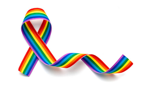 lgbt彩虹丝带骄傲胶带符号.停止恐同症.孤立在白色背景上照片