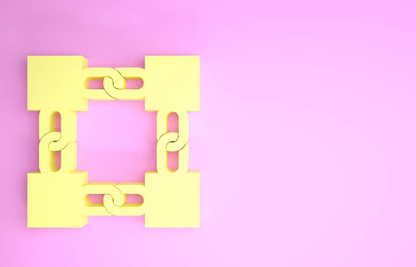 黄色区块链技术图标，独立于粉红色背景。加密货币数据。抽象几何区块链网络技术业务。极简主义概念。三维插图三维渲染