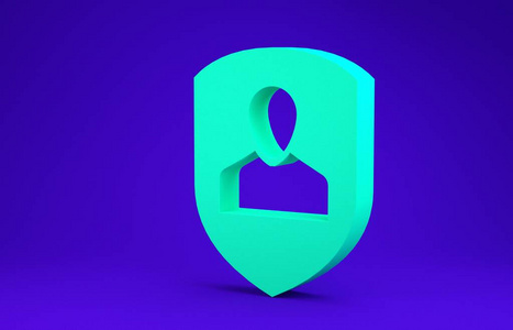 蓝色背景上隔离的绿色用户保护图标。安全用户登录，密码保护，个人数据保护，认证图标。极简主义概念。三维插图三维渲染