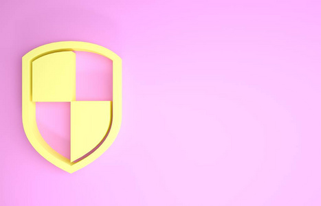 粉红色背景上隔离的黄色盾牌图标。警卫标志。极简主义概念。三维插图三维渲染