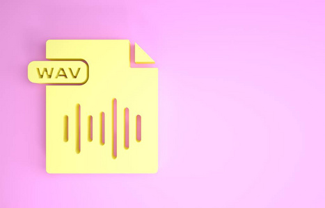 黄色WAV文件文档。下载wav按钮图标隔离在粉红色背景上。数字音频riff文件的WAV波形音频文件格式。极简主义概念。三维插图三