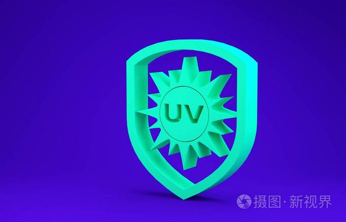 蓝色背景上隔离的绿色紫外线防护图标太阳和盾牌紫外线辐射太阳星座