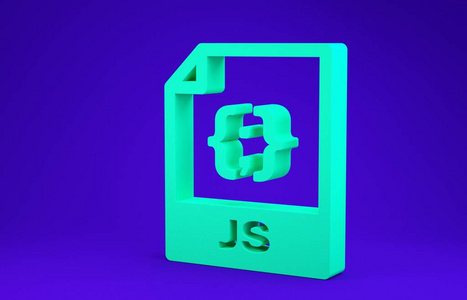 绿色JS文件文档。下载js按钮图标隔离蓝色背景。JS文件符号。极简主义概念。三维插图三维渲染