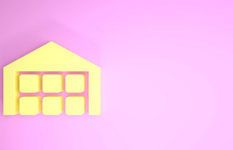黄色仓库图标隔离在粉红色背景上。极简主义概念。三维插图三维渲染