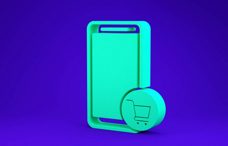 绿色手机和购物车图标隔离在蓝色背景上。网购符号。超市篮子符号。极简主义概念。三维插图三维渲染