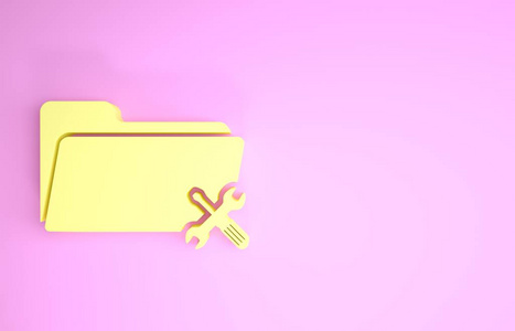 黄色文件夹与螺丝刀和扳手图标隔离在粉红色背景上。调整维修设置维护修理固定。极简主义概念。三维插图三维渲染