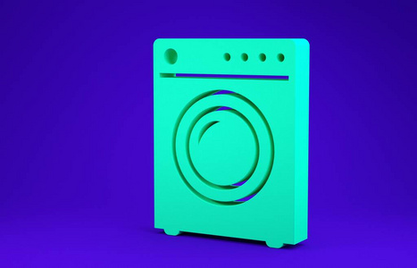 蓝色背景上隔离的绿色洗衣机图标。洗衣机图标。洗衣机洗衣机。家用电器符号。极简主义概念。三维插图三维渲染