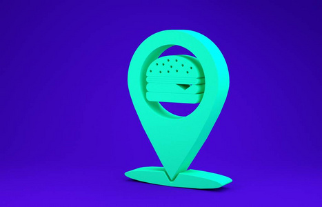 绿色地图指针与快餐汉堡图标隔离在蓝色背景上。极简主义概念。三维插图三维渲染