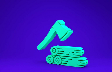绿色木制斧头和蓝色背景上隔离的木头图标。伐木斧。极简主义概念。三维插图三维渲染