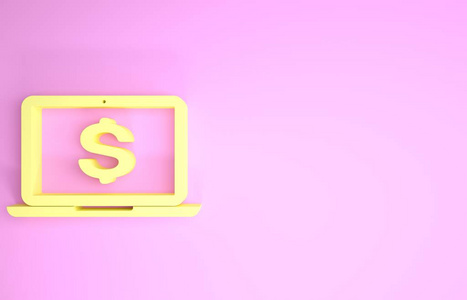 黄色笔记本电脑，粉红色背景上独立的美元符号图标。网上购物概念。经济概念。极简主义概念。三维插图三维渲染