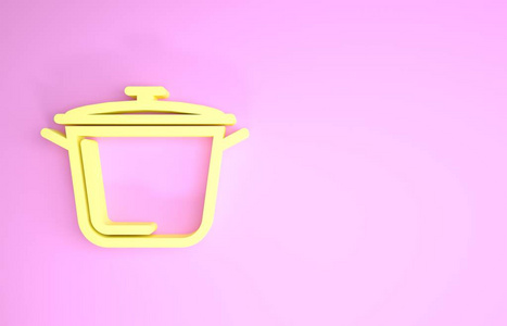 粉红色背景上孤立的黄色烹饪锅图标。煮或炖食物符号。极简主义概念。三维插图三维渲染