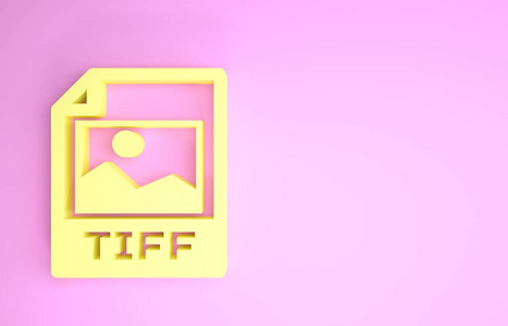 黄色TIFF文件文档。下载tiff按钮图标隔离在粉红色背景上。TIFF文件符号。极简主义概念。三维插图三维渲染