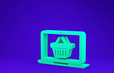 绿色购物篮屏幕笔记本电脑图标隔离蓝色背景。概念电子商务，电子商务，在线商务营销。极简主义概念。三维插图三维渲染