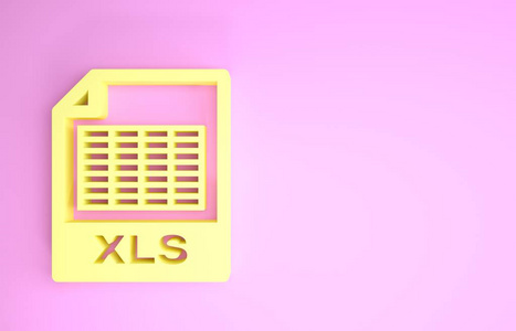 黄色XLS文件文件。下载xls按钮图标隔离在粉红色背景上。Excel文件符号。极简主义概念。三维插图三维渲染