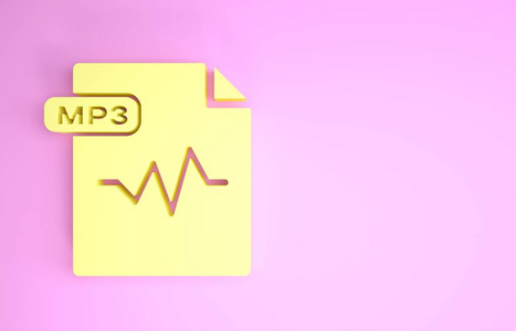 黄色MP3文件文件。下载mp3按钮图标隔离在粉红色背景。Mp3音乐格式标志。MP3文件符号。极简主义概念。三维插图三维渲染