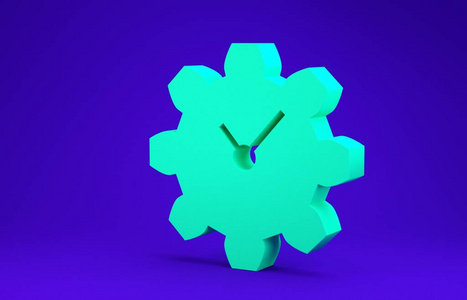 绿色时间管理图标隔离在蓝色背景上。时钟和齿轮标志。生产力标志。极简主义概念。三维插图三维渲染