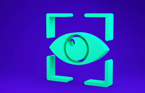 绿色眼睛扫描图标隔离在蓝色背景上。扫描眼睛。安全检查符号。网络眼标志。极简主义概念。三维插图三维渲染