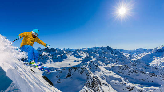 Skiing with amazing view of swiss famous mountains in beautiful 