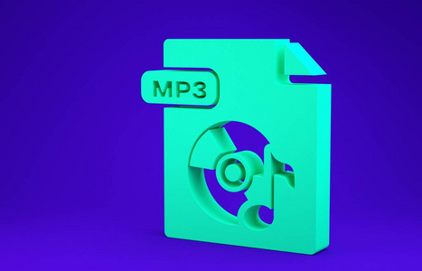 绿色MP3文件文件。下载mp3按钮图标隔离蓝色背景。Mp3音乐格式标志。MP3文件符号。极简主义概念。三维插图三维渲染