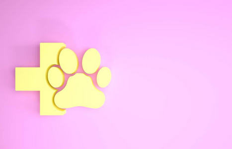 黄色兽医诊所符号图标隔离在粉红色背景上。医院十字标志。一种风格化的爪印狗或猫。宠物急救标志。极简主义概念。三维插图三维渲染