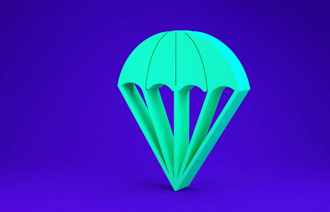 绿色降落伞图标隔离在蓝色背景上。极简主义概念。三维插图三维渲染