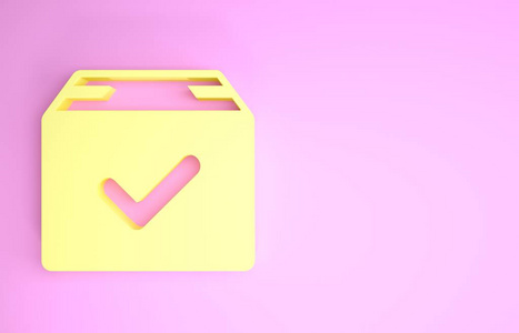 黄色包装盒，粉红色背景上有隔离的复选标记图标。带有复选标记的包裹箱。批准交付或成功接收包裹。极简主义概念。三维插图三维渲染