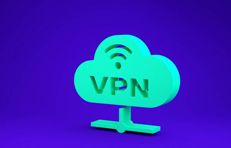 绿色VPN网络云连接图标隔离在蓝色背景上。社会技术。云计算概念。极简主义概念。三维插图三维渲染