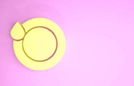 粉红色背景上独立的黄色洗碗图标。盘子和海绵。洗碗图标。洗碗机标志。清洁餐具标志。极简主义概念。三维插图三维渲染