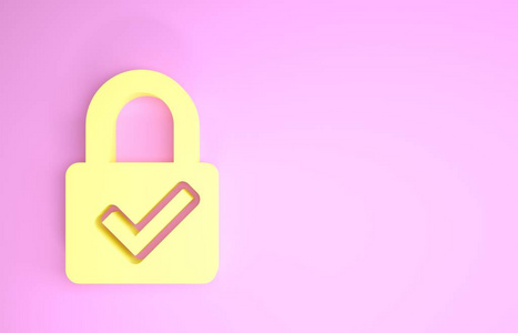 黄色打开挂锁和复选标记图标隔离在粉红色背景上。网络安全概念。数字数据保护。安全安全。极简主义概念。三维插图三维渲染