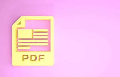 黄色PDF文件文档。下载pdf按钮图标隔离在粉红色背景上。PDF文件符号。极简主义概念。三维插图三维渲染