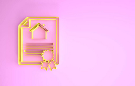 粉红色背景上孤立的黄色房屋合同图标。合同创建服务文件形成申请表撰写。极简主义概念。三维插图三维渲染