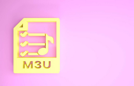 黄色M3U文件文档。下载独立于粉红色背景3u按钮图标。M3U文件符号。极简主义概念。三维插图三维渲染