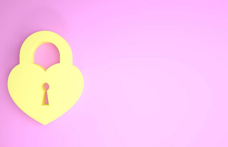 粉红色背景上孤立的心形图标黄色城堡。锁定的心。爱情符号和钥匙孔标志。极简主义概念。三维插图三维渲染
