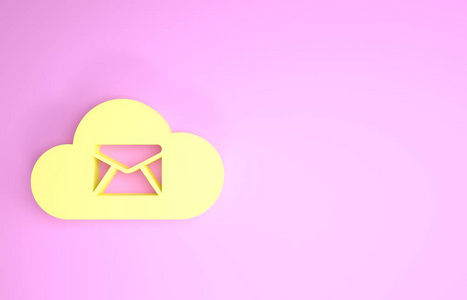 黄色云邮件服务器图标隔离在粉红色背景上。云服务器托管电子邮件。在线信息服务。邮箱标志。极简主义概念。三维插图三维渲染