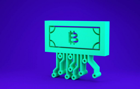 绿色加密货币比特币在蓝色背景上与微芯片电路图标隔离。区块链技术，数字货币市场。极简主义概念。三维插图三维渲染
