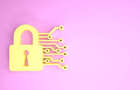 黄色网络安全图标隔离在粉红色背景上。数字电路板上的闭合挂锁。安全概念。数字数据保护。极简主义概念。三维插图三维渲染