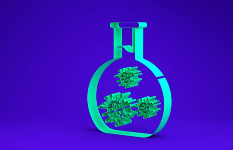 绿色实验室玻璃试管，蓝色背景上分离出病毒和细菌图标。微生物分析研究诊断。极简主义概念。三维插图三维渲染