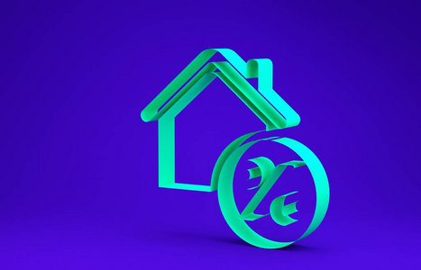 绿色房子与珀森特折扣标签图标隔离在蓝色背景。房屋签约价格百分比。房地产之家。信用百分比符号。极简主义概念。三维插图三维渲染