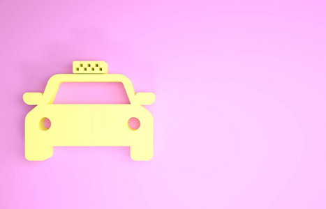 黄色出租车图标隔离在粉红色背景上。极简主义概念。三维插图三维渲染