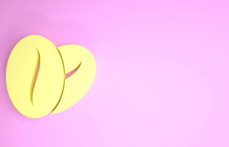 黄色咖啡豆图标隔离在粉红色背景上。极简主义概念。三维插图三维渲染