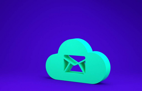 蓝色背景上隔离的绿色云邮件服务器图标。云服务器托管电子邮件。在线信息服务。邮箱标志。极简主义概念。三维插图三维渲染