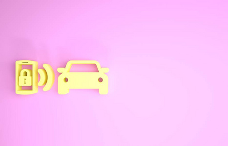黄色智能汽车报警系统图标隔离在粉红色背景上。智能手机通过无线方式控制汽车安全。极简主义概念。三维插图三维渲染