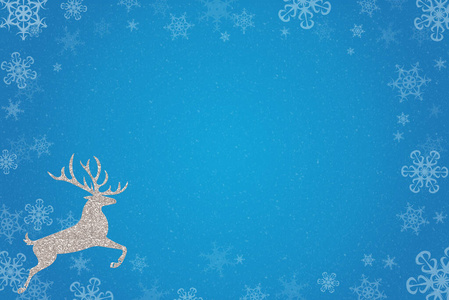 圣诞背景与雪花相框。蓝色背景上的雪花装饰框，闪烁的鹿