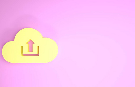 黄色的云上传图标隔离在粉红色的背景上。极简主义概念。三维插图三维渲染