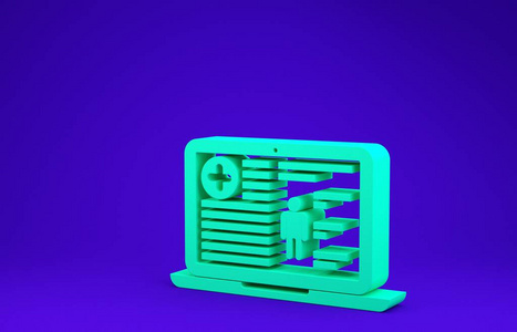 绿色医疗记录笔记本电脑图标隔离蓝色背景。健康保险表格。处方，体检报告。极简主义概念。三维插图三维渲染