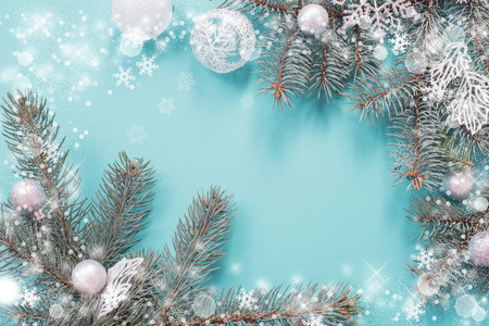 Christmas decorations on blue paper background 